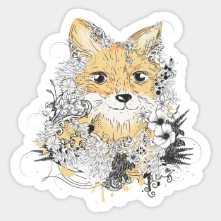 small golden fox with floral decoration Sticker